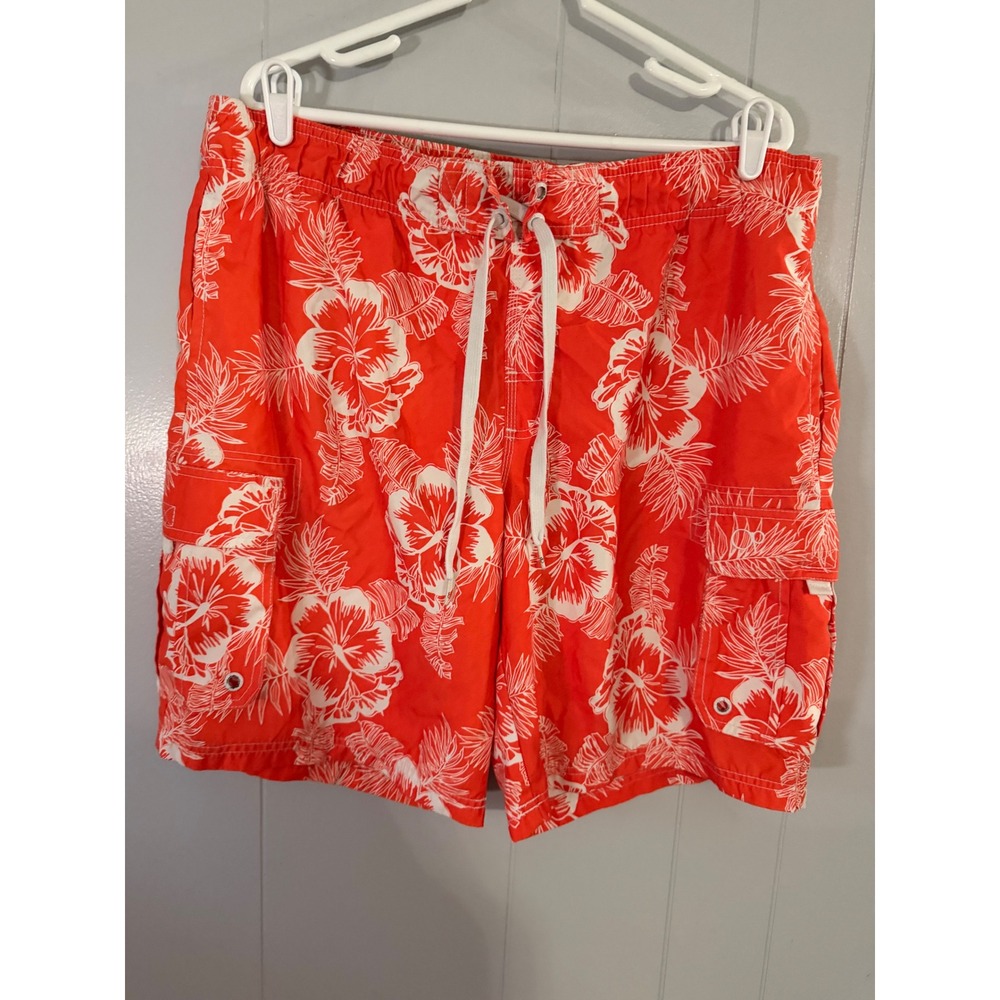 Ocean Pacific Swim Trunks Mens Large Orange Hibiscus Tropical Cargo Board Shorts